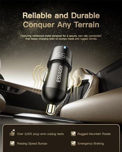 Essager 66 W All-Metal Dual Port Fast Car Charger – USB-C Cigarette Lighter Adapter for Rapid Charging of i Phone 16/15/14/13/12 Pro Max, Mac Book, i Pad, and Samsung Galaxy S24/S23 – Compact Design with PD/PPS/QC3.0 Technology for Enhanced Speed and Versatility
