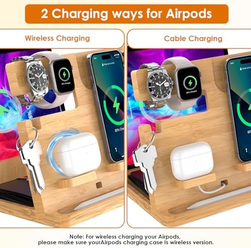 Eco-Friendly Bamboo Multi-Device Wireless Charging Station for i Phone, i Pad & Air Pods – Fast, Sleek, and Versatile Charger Stand for All i Phone Models 14/13/12/11 Pro Max/X/Xs Max/8, Air Pods Pro, & i Watch Series SE, 2-8 – Enhance Your Workspace with Sustainable Power Solutions