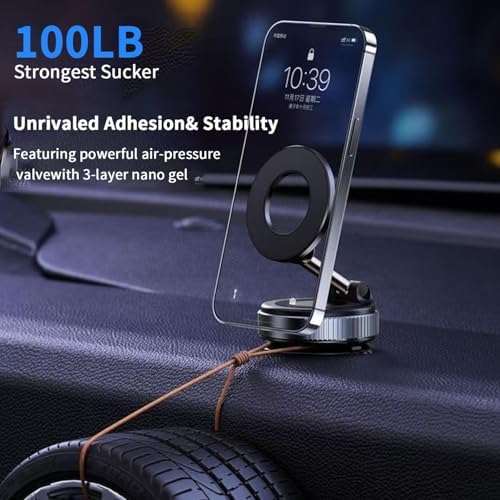 Upgraded 360° Vacuum Magnetic Phone Holder, Suction Cup Phone Mount, Foldable Strong Magnetic Cell Holder for Car/Gym/Mirror/Smooth Surface, Compatible with Magsafe iPhone (White) – Enhanced Compatibility and Speed