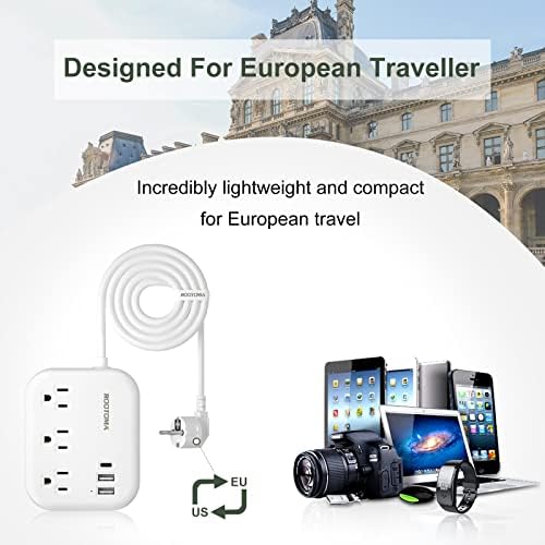 ROOTOMA 6 ft International Power Strip with 3 American Outlets & 3 USB Chargers – Essential US to EU Travel Adapter for Seamless Connectivity in Spain, France, Germany, Iceland – Compact & Durable Design for Travelers