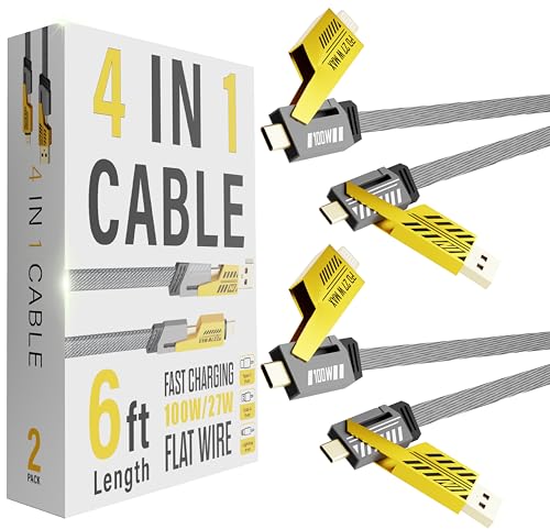 Elevate Your Charging Experience: 4-in-1 Fast Charging Cable Set – 2-Pack 6 FT Nylon Braided Cords with Lightning, USB C & USB A Ports for Superior Compatibility and 100 W Power Delivery – Perfect for i Phone, i Pad, and More – Tangle-Free Durability with 480 Mbps Data Transfer Speed
