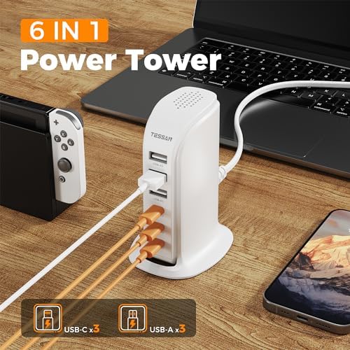 TESSAN 65 W Multi-Device USB Charging Station – Fast Charging Hub for i Phone 13/14/15, Tablets, and Earphones – 6-Port USB-C & USB-A Charger for Home, Office, and Travel – Compact and Safe Design with Overcurrent Protection