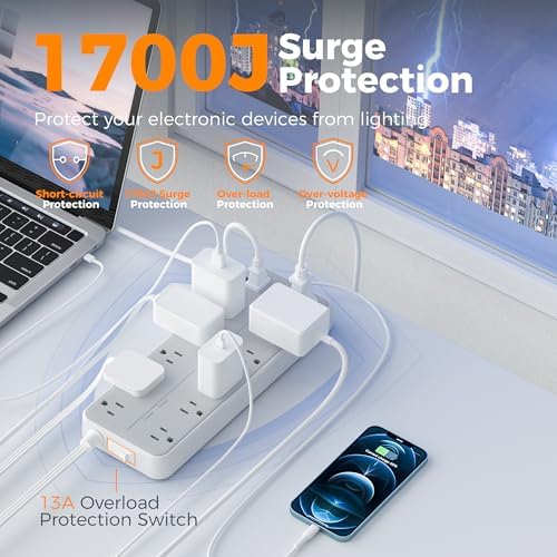 TESSAN High-Capacity Surge Protector Power Strip – 12 AC Outlets & 3 Fast USB Ports (1 USB-C) – Flat Wall Plug Design for Space Efficiency – 5 Ft Cord with 1700 Joules Surge Protection – Essential Power Management Solution for Home, Office, and Dorm Room Use
