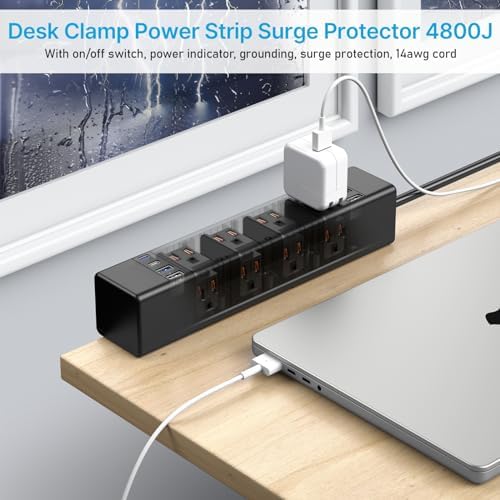 Revolutionize Your Workspace with the CCCEI 12-Outlet Power Strip and 20 W USB-C Charging Hub – Premium Surge Protector with 4800 J Defense, Easy-Access Switch, and 6 FT Cord for Thicker Desk Edges or Screw Mounting – Perfect for Home or Office Organization