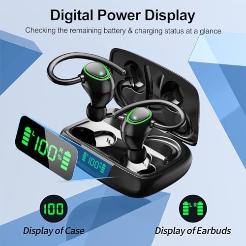 Premium Bluetooth Wireless Earbuds – 60-Hour Playback, IPX6 Waterproof for Ultimate Protection, Secure Over-Ear Hooks for Active Lifestyles, Enhanced Bass for Sports and Workouts, Built-in Microphone with LED Battery Indicator, Seamless Bluetooth Connectivity for All-Day Comfort and Performance