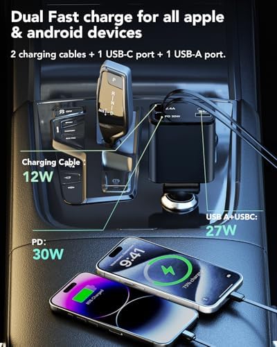 2025 Ultra-Compact 4-in-1 Retractable Car Charger – 69 W Fast Charging Adapter for i Phone 16, Galaxy and More – Innovative Space-Saving Design with Multiple Ports for Simultaneous Device Powering – Essential Car Accessory for Daily Commutes and Road Trips
