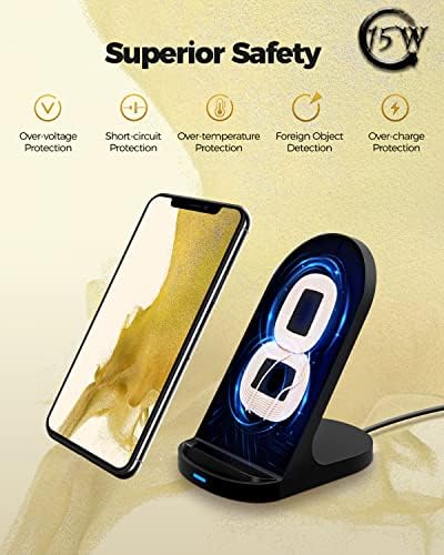 YW YUWISS 15 W Fast Wireless Charger Stand – Ultra-Compatible Charging Solution for i Phone 14/13/12 Series & Samsung Galaxy S22/S21/S20 – Vertical & Horizontal Design for Effortless Device Access, Enhanced Safety Features, Portable & Stylish Tech Accessory