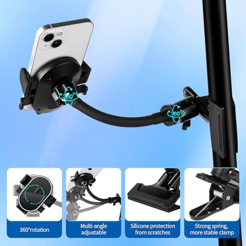 Versatile 360° Gooseneck Clip Phone Holder with Auto-Locking Clamp – Adjustable Arm Lengths for Desk, Treadmill, and Mic Stand – Securely Fits 4-7″ Smartphones for Ultimate Hands-Free Convenience and Enhanced Productivity