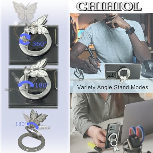 Magnetic Phone Ring Holder with Adjustable Kickstand – Elegant Silver Butterfly Design for Enhanced Grip and Versatile Hands-Free Viewing – Ideal Mag Safe-Compatible Smartphone Accessory for Secure Handling and Effortless Navigation
