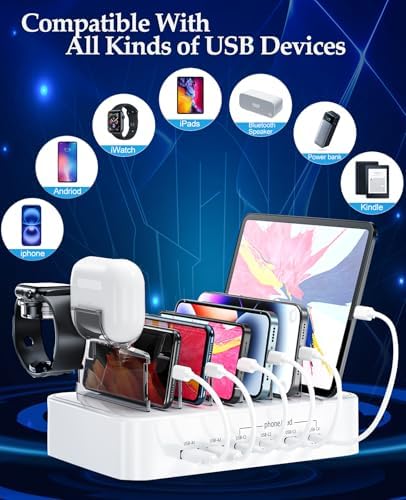 Ultimate 100 W Multi-Device Charging Station – Fast USB-C Dock for i Phones, Androids, i Pads, Kindles & Smartwatches – Sleek Organizer with Intelligent Charging for Home & Office Efficiency
