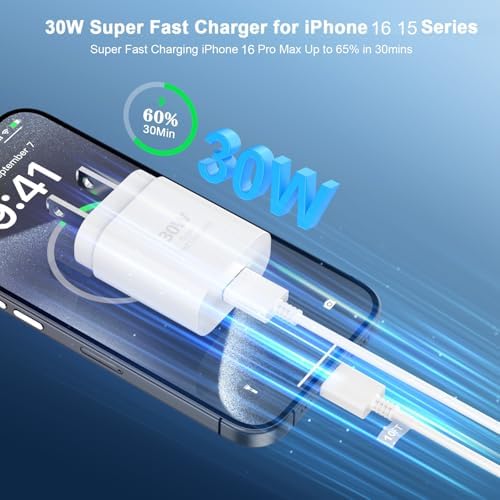 Powerful 30 W i Phone 16 Pro Max Charger Bundle with 10 FT USB-C Cable – Fast Charging Solution for i Phone 15/16 Series – Compact and Travel-Friendly Design for Home & On-the-Go – Exceptional Durability and Performance for Uninterrupted Connectivity