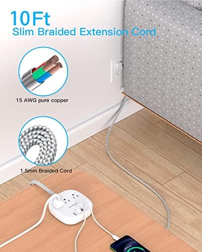 10 Ft Flat Plug Power Strip with 3 AC Outlets & 4 USB Ports, Ideal Desktop Charging Station for Cruise Ships & Dorms – Compact Design & Fast Charging for Multi-Device Use