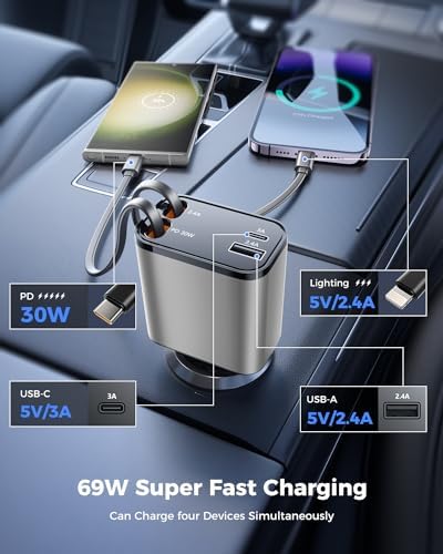 2025 SUPERONE 69 W Retractable Car Charger – Fast Charging Dual-Port Accessory for i Phone 16/15/14/13/12 & Samsung Devices, Tangle-Free Design, Ideal Gift for Men & Women, Essential Car Travel Companion
