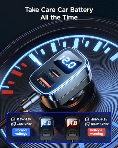 Ultimate 78 W Multi-Port USB-C Car Charger with LED Voltage Display – Rapid Charging for i Phone 16/15 Pro Max, Samsung S24 & More – 5 FT Cable Included for Enhanced On-the-Go Power Solutions