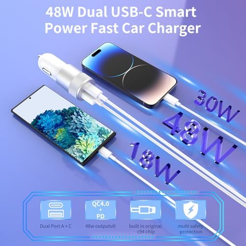 48 W Dual Port USB-C Car Charger with Lightning Cables – Apple MFi Certified Fast Charging Solution for i Phone, i Pad, and Air Pods – Durable All-Metal Design for Enhanced Portability and Efficiency – Ideal for Car Play and On-the-Go Charging Needs
