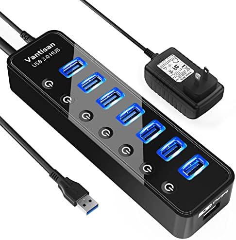 Maximize Your Connectivity: 7-Port USB Hub 3.0 Splitter with Smart Charging & Individual ON/OFF Switches for Mac, PC, and Surface Pro – High-Speed Data Transfer & Powered Adapter for Ultimate Efficiency