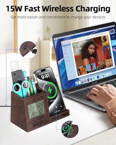 Multi-Functional Desk Organizer with Wireless Charging, Digital Thermometer & Humidity Monitor – Stylish Brown Pen Holder for Home Office Efficiency and Clutter-Free Workspace