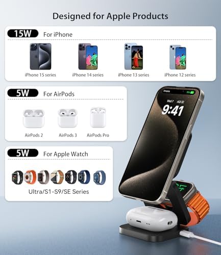 Magnetic 3-in-1 Wireless Charging Station for i Phone 15/14/13/12 Pro Max, Apple Watch 9/8/7/6/5/4/3/2 SE, and Air Pods Pro 3/2 – Fast, Portable, and Stylish Charger for All Your Apple Devices (Black) – Ultimate Charging Convenience with Enhanced Compatibility and Foldable Design