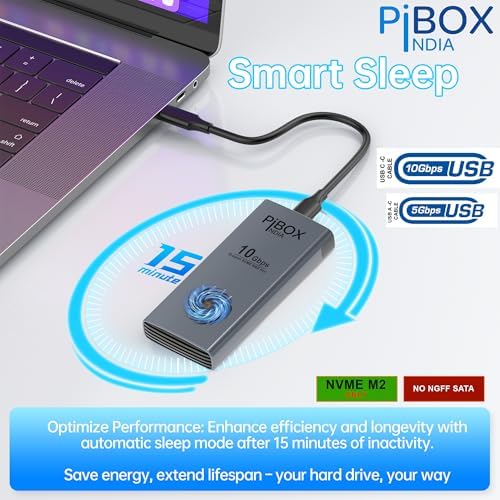 High-Speed Pibox India NVMe M2 Enclosure with Fan – USB 3.2 10 Gbps Tool-Free SSD Adapter for 2230/2242/2260/2280 M & B&M Keys – PCI-E NVMe Reader with Enhanced RTL9210 Performance and Heat Dissipation Solutions