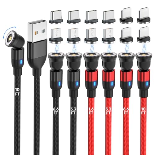 Ultimate 7-Pack 540 Rotating Magnetic Charging Cable Set – Versatile 3-in-1 Nylon Braided USB Cables for i Phone, Micro USB, and Type C Devices – Multiple Lengths (1.6 ft, 3 ft, 6 ft, 10 ft) for Effortless Charging and Enhanced Durability – Perfect Solution for Modern Charging Needs
