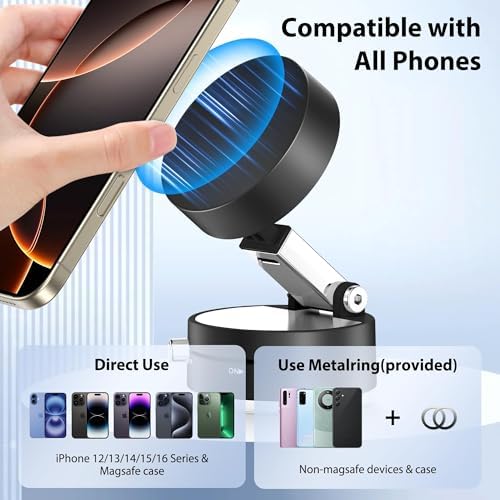 Magnetic Phone Stand Mount, 360-Degree Rotating Base, Phone Mount for 16/15/14/13/12/Gym/Shower/Car/Mirror – Enhanced Compatibility and Speed