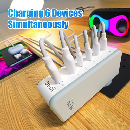 Revolutionize Your Charging Experience with the 6-Port Wall Charger – Compact Multi-Plug Outlet Power Adapter Featuring 180° Rotating Plug and PD 45 W USB-C Charger Block, Perfectly Compatible with i Phone 15 Series, Galaxy Devices, and i Pad for Fast, Efficient Power Delivery and Enhanced Portability