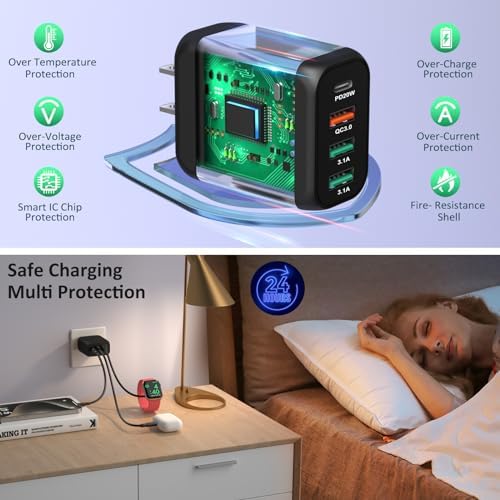 Bangfun 40 W 4-Port USB C Fast Charging Block – Dual Pack Multi-Device Power Adapter Featuring Quick Charge 3.0 for i Phone 11-15 Pro Max, Samsung A13/A54, Pixel – Ultimate Compact Charger for Home, Office & Travel Efficiency