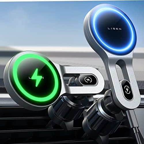 LISEN 15 W Mag Safe Car Charger: High-Speed Magnetic Vent Mount for i Phone 16 Pro Max, 15, 14, 13, 12, and Samsung – Effortless Charging with Secure Grip and Sleek Silver Design, Ideal for Navigation and Music Control on the Go