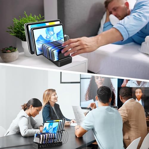 Multi-Device Charging Station with 10 Ports and Smart IC Technology – 100 W Power Dock with Adjustable Dividers and 10 Cables for Efficient Charging of i Phone, Galaxy, i Pad, Tablets – Space-Saving Flat Plug Design for Home and Office Use