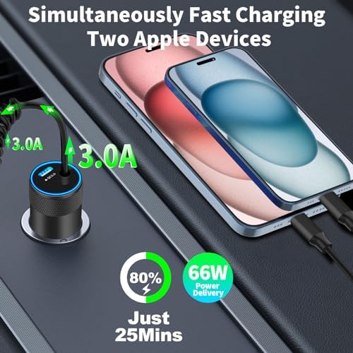 BAOYUANDA 72 W Dual Port USB-C Car Charger for i Phone 16 Series – MFi Certified Fast Charging Solution with 2 Durable Type C Cables for i Pad Pro, Android & More – Ultimate Compatibility for On-the-Go Power Management