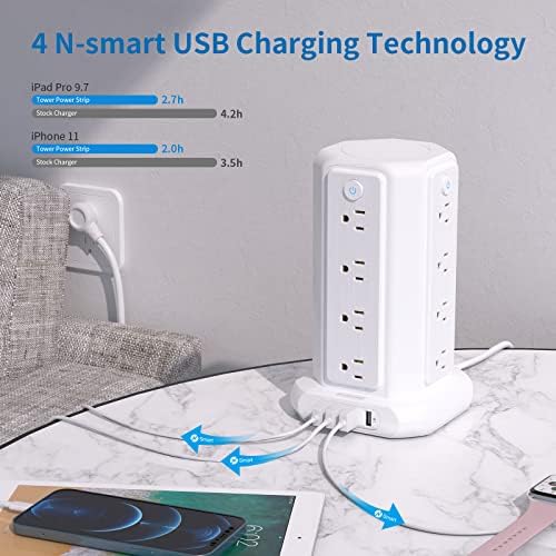 NTONPOWER 16-Outlet Surge Protector Tower with 4 USB Charging Ports – Advanced Desktop Power Strip with Individual Switches, 5 ft Extension Cord, and 1080 J Surge Protection for Home Office & Dorm Room Efficiency – Space-Saving & Safe Power Solution