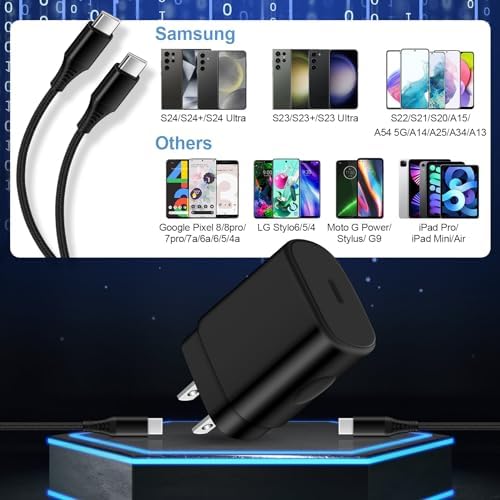 25 W Ultra-Fast Type C Charger Box with 6 FT USB-C Cable – Optimized for Samsung Galaxy A Series, S Series, Z Fold/Flip & Google Pixel 9/8 Pro – Rapid Charging with Safety Features for Maximum Device Compatibility