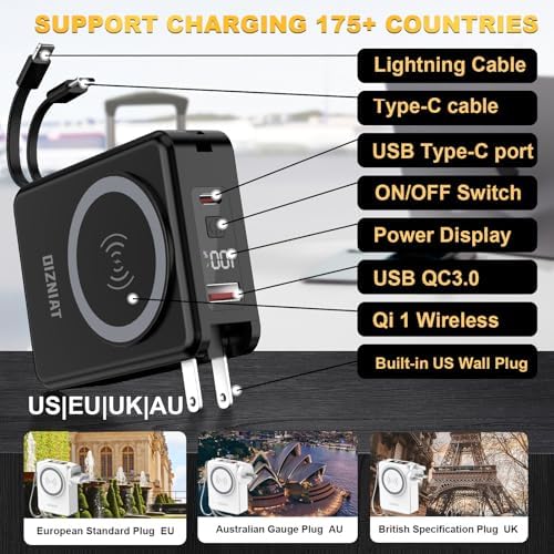 10000 m Ah Mag Safe-Compatible Portable Charger Power Bank – 22.5 W Fast Charging Travel Essential with Built-in USB-C & Lightning Cables – 5-in-1 Wireless Charging Solution for i Phone, Android, and Samsung Devices