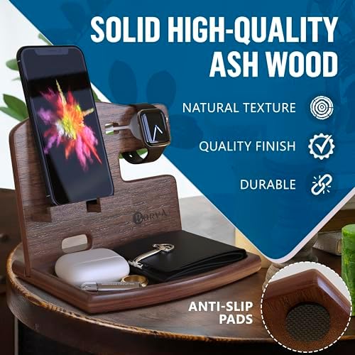 BarvA Wood Docking Station | Phone Stand & Desk Organizer | Night Stand Charging Station & Phone Holder | Portable Nightstand Organizer for Men’s Accessories | Ideal Gifts for Men – Enhanced Compatibility and Speed