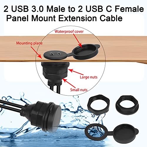 QIANRENON Waterproof Dual USB C 3.0 Extension Cable Adapter – 1 m Panel Mount for Car, Boat, Truck & Motorcycle – High-Speed Data Transfer & Enhanced Compatibility for Outdoor Use