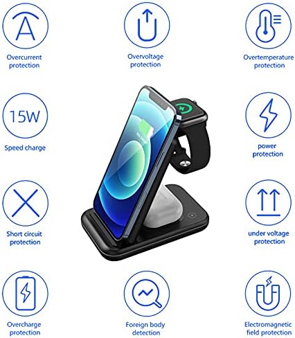 Versatile 3-in-1 Wireless Charging Station with Foldable Design – 15 W Fast Qi Charger Dock for Apple Watch, Air Pods & i Phone/Samsung Devices – Includes 18 W QC3.0 Adapter for Enhanced Speed and Compatibility