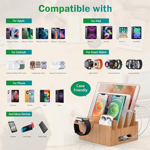 Eco-Friendly Bamboo Charging Station: Multi-Device Organizer with 5 USB Ports, Smartwatch & Earbuds Stand – Ultimate Desk Dock for Cell Phones and Tablets, Enhanced Speed & Compatibility