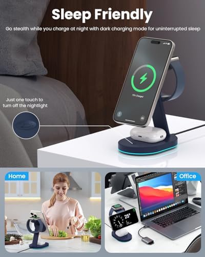 Ultimate 3-in-1 Wireless Charging Station for i Phone, Apple Watch, and Air Pods – Qi2 Certified 15 W Magnetic Charger with 30 W USB-C Adapter & Integrated Night Light – Streamlined Design for i Phone 16/15/14/13/12 – Superior Speed and Enhanced Compatibility for Modern Tech Users