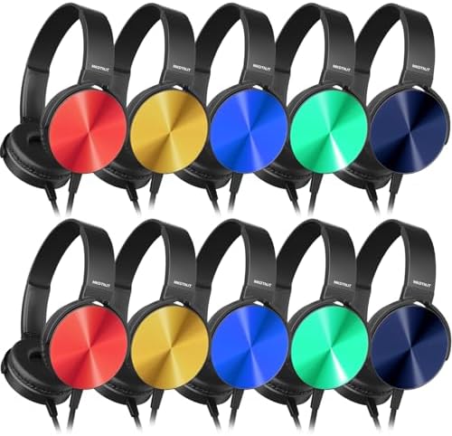 Colorful On-Ear Noise-Canceling Headphones for Kids – 5 Pack of Durable Bulk Headphones with Adjustable Fit and Swivel Design – Premium Sound Quality for Engaging Learning and Travel Experiences – Ideal Classroom Headphones with 3.5 mm Compatibility