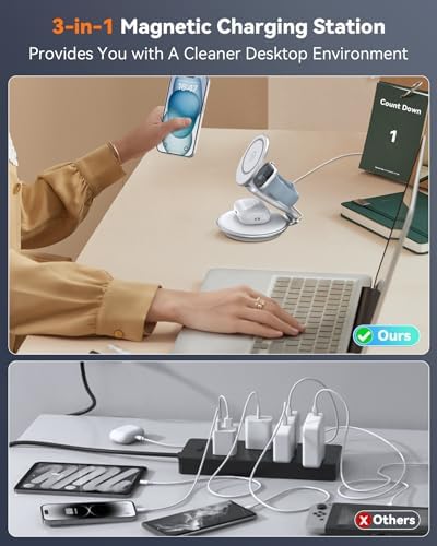 Revolutionary 3-in-1 Foldable Magnetic Wireless Charger Stand for Apple Devices – Ultimate Travel Dock for i Phone 15/14/13/12 Pro Max, Apple Watch, and Air Pods – Fast Charging & Enhanced Compatibility for On-the-Go Power Solutions