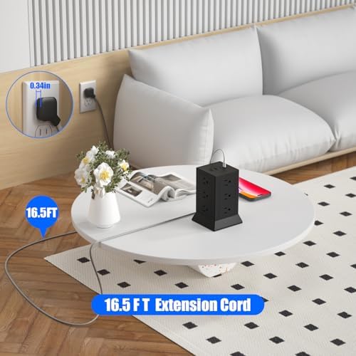 Ultimate Power Strip Tower with 12 AC Outlets & 4 USB Ports (2 USB-C) – 6.5 Ft Flat Plug Extension Cord Surge Protector for Home Office & Dorm Room – Individual Switches for Enhanced Control & Fast Charging, Space-Saving Design, Black