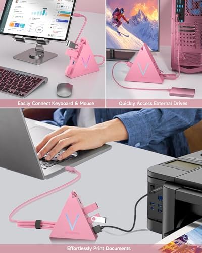 Elevate Your Connectivity with the Stylish Pink USB C Hub – 4 USB 3.0 Ports and 2 FT Extension Cables for Seamless Integration with i Pad Pro, Mac Book Pro, Surface & More – Ultimate Performance Meets Chic Design!