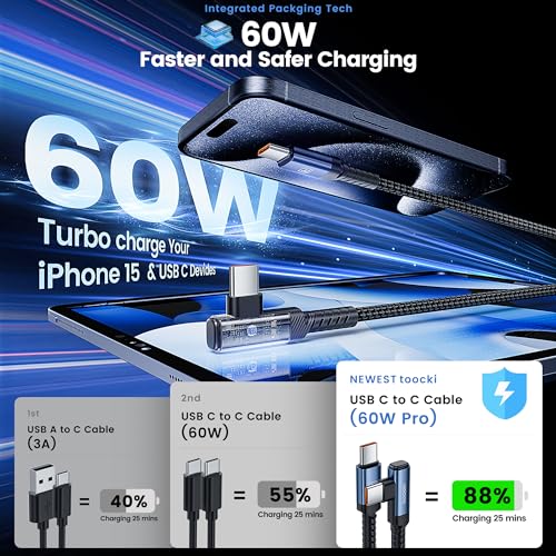 10 ft USB C to USB C Charger Cable (2-Pack) – 60 W Fast Charging Type C Cord with Right Angle Connector for i Phone 16, 15 Pro Max/Plus, Mac Book Air, Samsung S23 Ultra/S22, Note 20 – Superior Durability & Enhanced Ergonomics for Optimal Device Performance