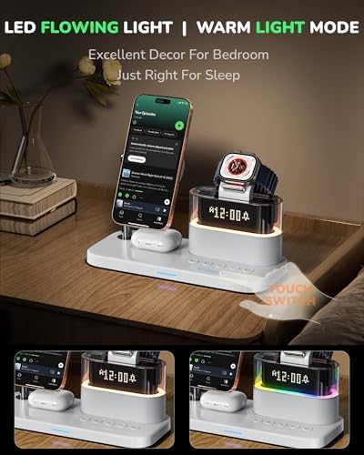 Ultimate 5-in-1 Wireless Charging Station with Alarm Clock and Night Light – Sleek Mag-Safe Dock for i Phone 16/15/14/13/12, Apple Watch & Air Pods – Fast Charging & Space-Saving Design for Nightstand Organization