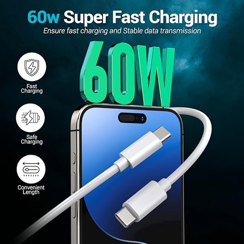 Ultimate 5-Pack 6 ft USB C to C Fast Charging Cables – 60 W Power Delivery for i Phone 16 Series and Galaxy S25, S24, S23, S22 – Durable, Flexible, High-Speed Charging Solution in Sleek White Design for Home & On-the-Go Use