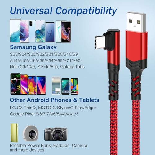 10 ft Right Angle USB C Cable 5-Pack – Fast Charging Nylon Braided Charger for Samsung Galaxy S25, S24, S23, A16, A15 & Google Pixel 9, 8 – Superior Durability and Comfort for Gaming and Daily Use – Enhanced Compatibility for All Type C Devices