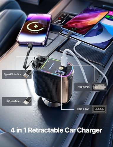 Revolutionize Your Drive: 66 W Retractable Car Charger with Starlight Ambiance – Fast Charging USB-C Adapter for i Phone 16/15/14/13/12 & Pixel – Space-Saving Design for Effortless Charging & Enhanced Automotive Experience