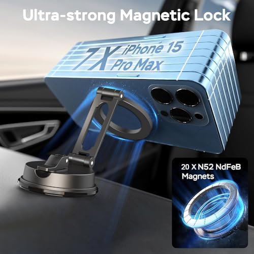 Crea Dream Premium Magnetic Car Phone Holder – Ultra-Stable Suction Cup Mount for i Phone 16, 15, 14, 13, 12 Series & Mag Safe Cases – Effortless 360-Degree Rotation for Safe Hands-Free Driving – Dashboard, Windshield & Vent Compatible – Stylish & Functional Automotive Accessory