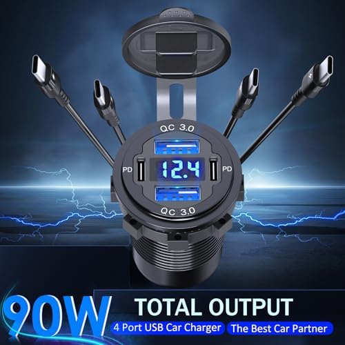 Qidoe 2 Pack 90 W USB Car Charger Socket – Dual 30 W Power Delivery & Quick Charge 3.0 Ports with Integrated Voltmeter for Fast Charging in Cars, Boats, and RVs – Durable Aluminum Design for Enhanced Performance and Compatibility