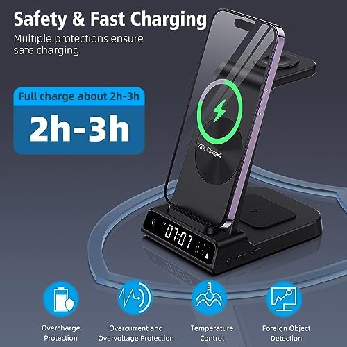 Elevate Your Charging Setup with the Yi JYi 3-in-1 Wireless Charging Station – Fast Charge Your Apple Watch, Air Pods Pro, and i Phone 16/15/14/13/12/11 Pro Max/Samsung Galaxy S23/S22/S21 in a Sleek, Space-Saving Dock Featuring Built-in Digital Clock for Effortless Organization and Modern Style – Perfect for Tech Enthusiasts Seeking Efficiency and Elegance